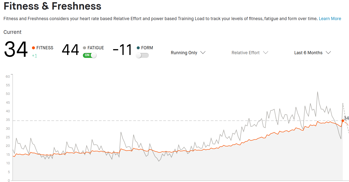 Strava fitness graph climbing from 15 to 34 in a year, peaking at 34 at the half marathon day